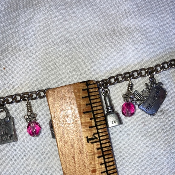 Silvertone charm bracelet with feminine charms and rd pink glassbeads $15 - Picture 7 of 7